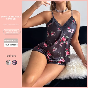 Haut De Pyjama En Satin Et Short Pour Femmes Imprimé Fleuri Dentelle Col En V Vêtements De Nuit Lingerie Sexy Respirant Doux