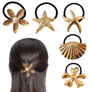 Metal Hair Ties And Clips For Women Gold Starfish Shell Flower Shape Geometric Minimalist Ponytail Holder Hair Accessories