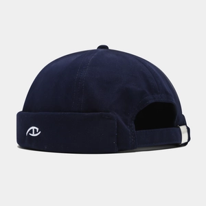 Navy blue cotton miki hat with white D embroidery and adjustable silver metal strap