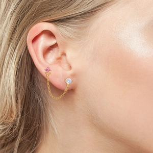 Détail d'une boucle d'oreille fleurie dorée à chaîne avec pierres roses sur mannequin
