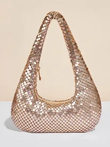 Women Shiny Aluminum Sheet Metal Mesh Evening Bag Glamorous Sequin Hobo Shoulder Purse For Party Banquet Wedding