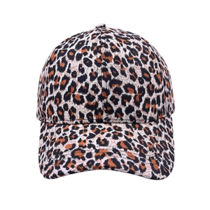 Detailed view of leopard print baseball cap with classic six-panel design and curved brim