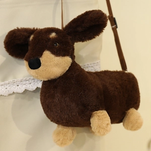 Cute plush dachshund crossbody bag with adjustable strap in soft brown and beige faux fur