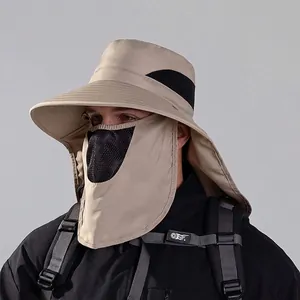 Khaki outdoor sun protection hat with wide brim, breathable face mask and neck flap