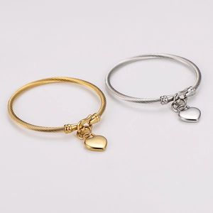 Heart Pendant Twisted Cable Bangle Bracelet Stainless Steel Hook Closure Minimalist Elegant Fashion Jewelry For Women