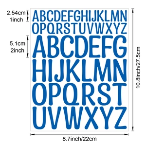 Detailed blue vinyl letter stickers with 1-inch and 2-inch sizes for DIY crafts