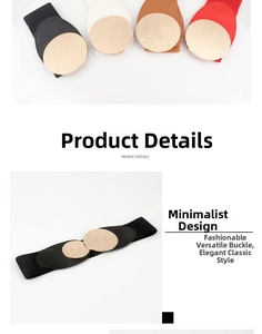 Detail of high-elasticity belts featuring textured round metal buckles in multiple colors