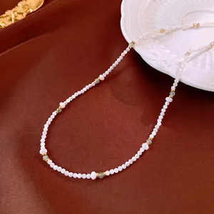 Elegant Beaded Necklace White Shell Beads Green Stones Copper Spacers New Chinese Style Retro Choker For Women