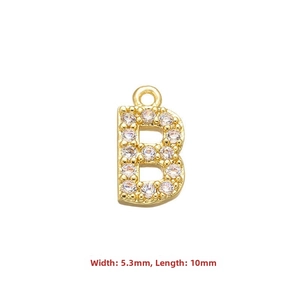 Detailed close-up of a gold-plated letter B pendant with zircon pave and dimensions