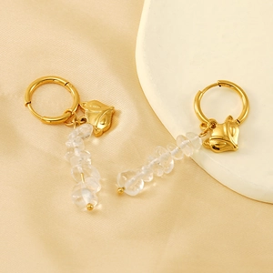 Golden fox face drop earrings with clear natural stone beads on stainless steel hoops