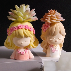 Resin girl statue succulent planter pots set with floral wreath crown and fairy design