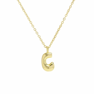 Close-up of polished 18k gold plated balloon bubble C letter pendant necklace