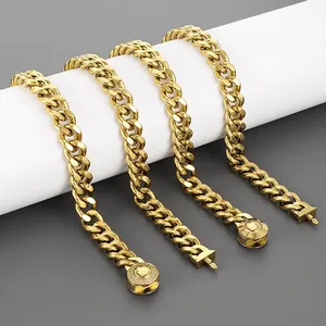 Men Cuban Link Chain Necklace Bracelet Stainless Steel Gold Plated Rhinestone Round Clasp Hip Hop Punk Jewelry