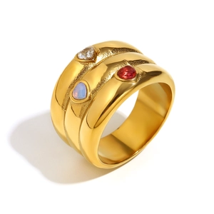 Bague large plaquée or 18K en acier inoxydable avec trois oxydes de zirconium