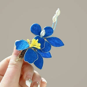 Fermaglio Per Capelli A Fiore In Tessuto Blu Con Künstliche Perle Finte Molletta Vintage In Lega Dorata Per Donna Retro Elegante