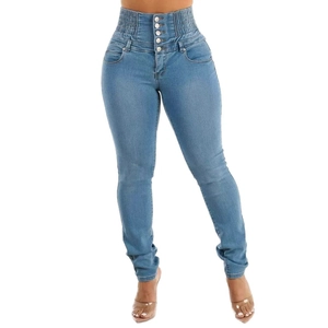 Blaue Skinny-Jeans mit hoher Taille, sechs Metallknöpfen und schlanker Bleistiftform