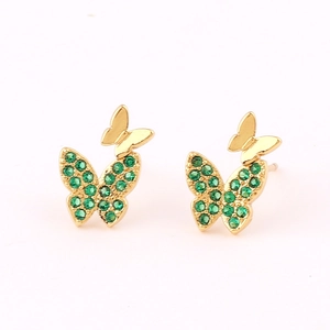 Elegant gold butterfly earrings featuring vibrant emerald green zircon pavé stones
