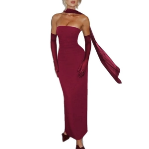 Elegant wine red strapless bodycon evening dress with mesh sleeves and long scarf
