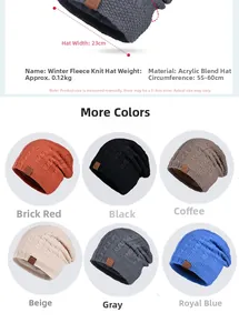 Detail showing the inner fleece lining and six available colors of this winter knit hat