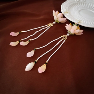 Detail of pink lotus earrings with long beaded tassels and water drop pendants in ancient style