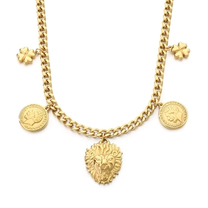 Golden Cuban chain necklace with lion head, coin and clover pendants in polished finish