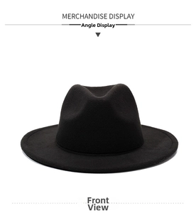 Front view of a classic black wool felt fedora with a wide brim and dented crown