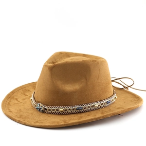 Bohemian suede jazz fedora hat with ethnic turquoise beaded band in camel brown