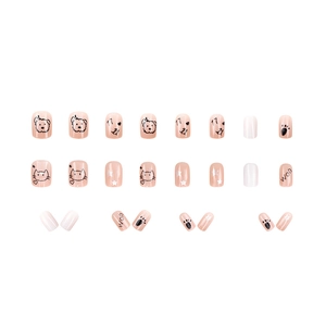 Faux ongles rose avec motifs d'oursons et d'étoiles, forme courte carrée-ronde