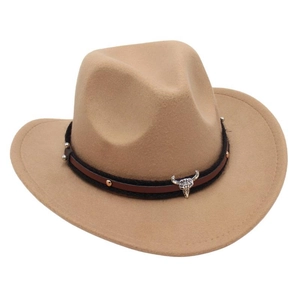 Detail of light brown wool cowboy hat featuring bull skull ornament and decorative band