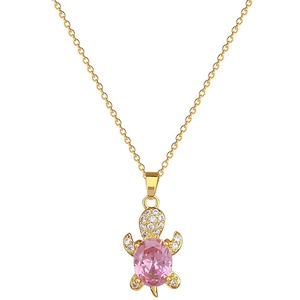 Pink gemstone turtle necklace in gold titanium steel with sparkling crystal accents