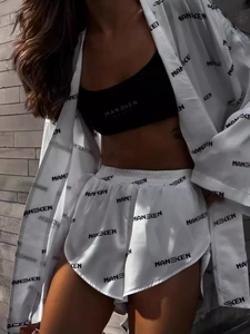 Women Satin Loungewear Long Sleeve Tie Front Top Camisole And High Waist Shorts Letter Print Casual Fashion