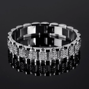 Mens silver stainless steel bracelet with pave-set cubic zirconia on black background