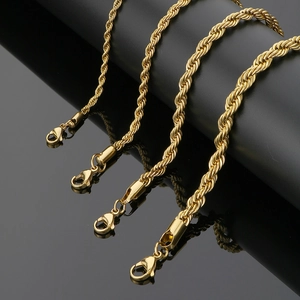 Polished gold stainless steel twisted rope chain bracelets in four different widths