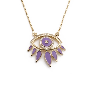 Golden Evil Eye necklace with purple enamel teardrops and sparkling rhinestones