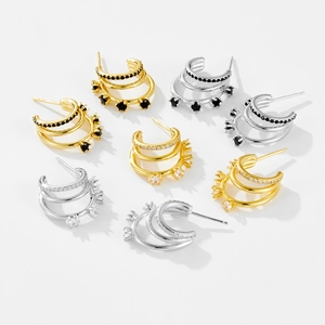Three-layer C-shaped 925 silver hoop earrings with black and white cubic zirconia