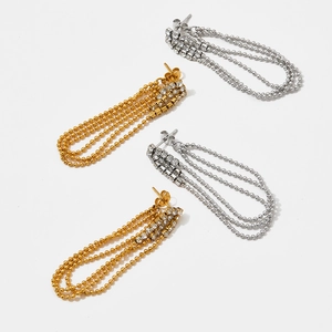 Elegant multi-layer beaded chain tassel earrings in gold and silver with zircon studs