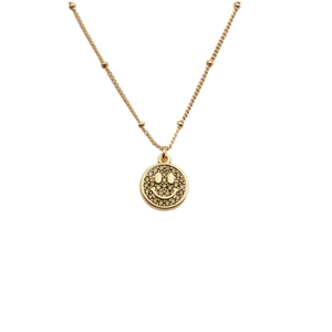 Golden smiley face pendant necklace with cubic zirconia on a beaded chain for women