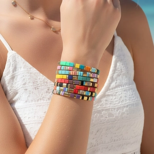 Colorful Tila beads bohemian layered bracelet set with gold spacers for summer beach style