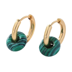Malachite style donut stone earrings with gold round hoops on a clean white background