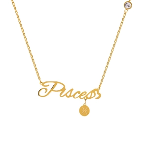 Detail of gold Pisces zodiac necklace featuring artistic lettering and a small charm