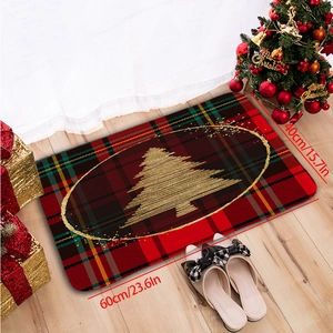 Detail view of 60x40cm Christmas plaid floor mat with golden tree on wooden floor