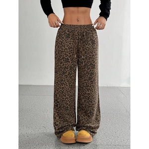 Women's leopard print wide leg pants with elastic drawstring waist for casual style