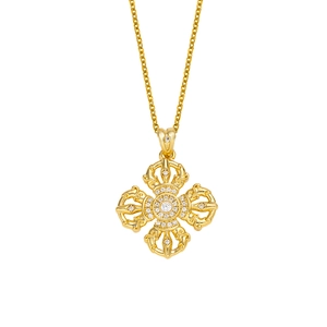 Vintage golden cross vajra necklace with intricate filigree and sparkling white crystals