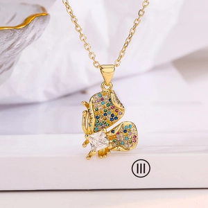 Elegant gold butterfly pendant necklace with colorful pavé crystals and square zircon