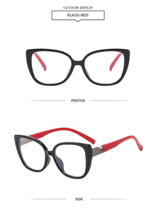 Detailed front and side views of cat eye glasses frames in black and red contrast