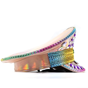 Champagne holographic party captain hat with iridescent rhinestones and purple gemstones