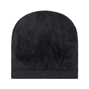 Thick black winter knit beanie with thermal ear protection and plush fuzzy texture
