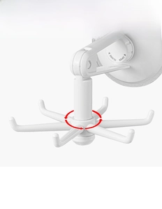 Detail of 360-degree rotating 6-hook kitchen rack with vacuum suction cup mount
