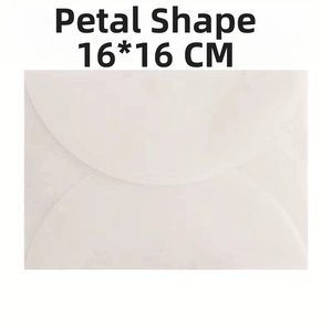 Detail view of 16x16cm square white translucent paper envelope with petal edge closure