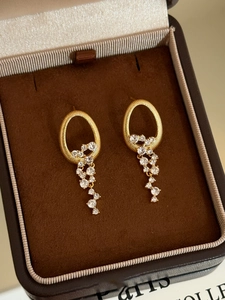 Gros plan de boucles d'oreilles dorées à glands et cristaux dans un écrin brun chic